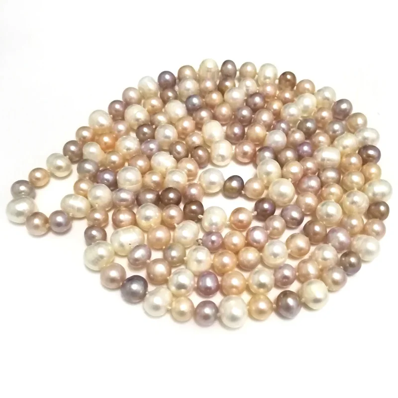 48 inches 8-9mm Natural Triple-color Potato Pearl Long Chain Necklace