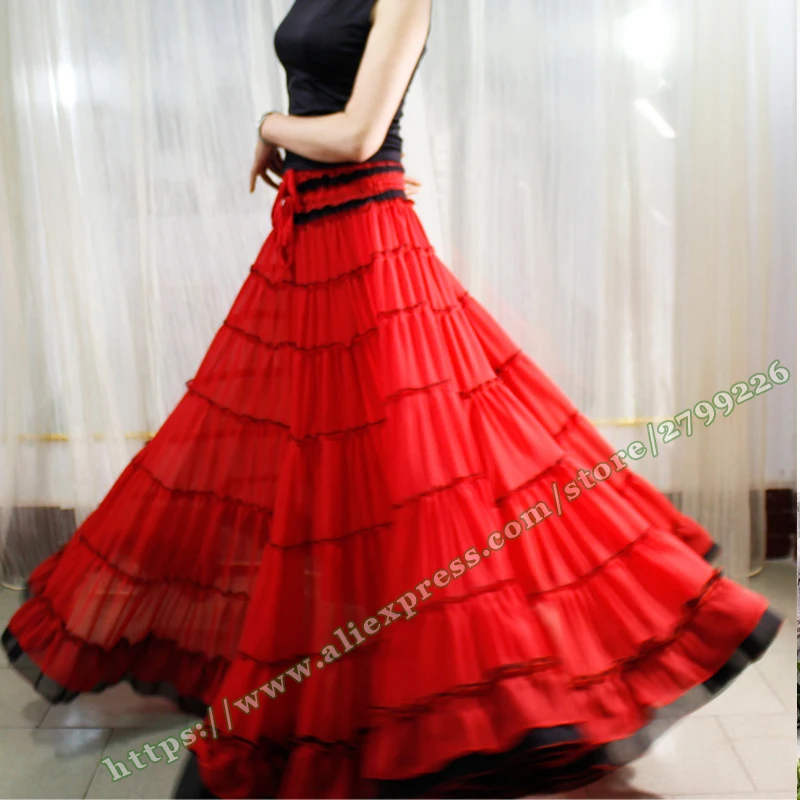 Female Elegant 6XL 7XL Red Chiffon Tulle Pleated Gypsy BOHO Spain Maxi Skirt Plus Size Summer Dance Wrap Ladies Skirts Womens