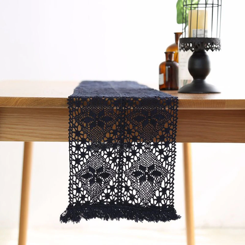 ESSIE HOME 3 Styles Lace Table Runner Knitting Table Runner Crocheted Artwork Lace Decoration Navy Blue Off White