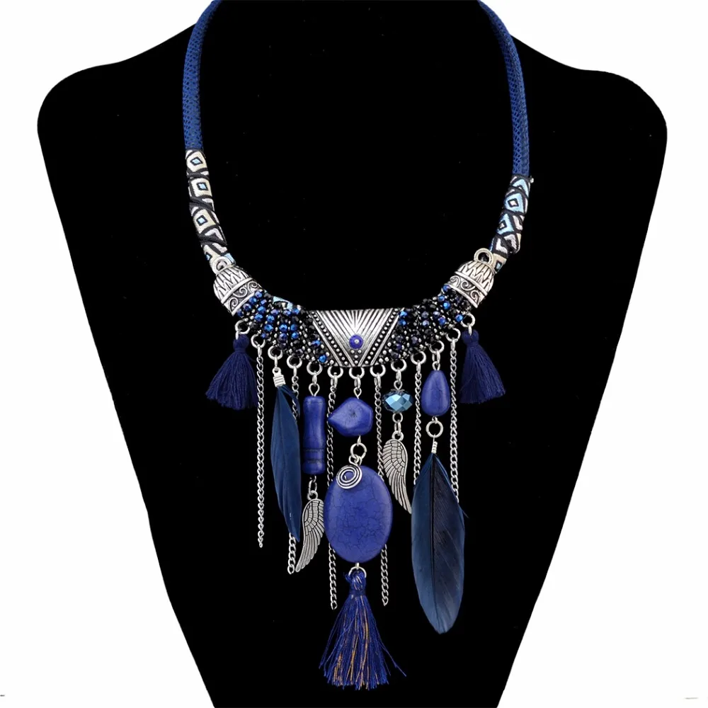 Idealway Handmade Ethnic Blue Brown Feather Pendant Leather Chain Necklaces for Women Bohemian Party Anniversary Tribal Jewelry