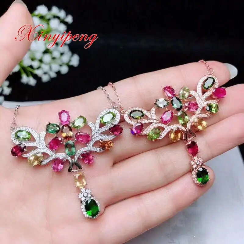 

Xin yi peng 925 silver plated gold inlaid natural tourmaline Diopside necklace women multiple color anniversary birthday gift