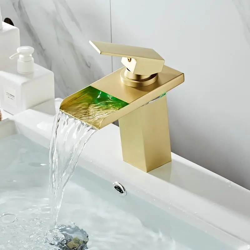 

Bathroom Basin Faucet LED Faucet Brushed Gold Sink Waterfall faucet Single Hole Cold Hot Gold Tap Basin Mixer Tap Torneira