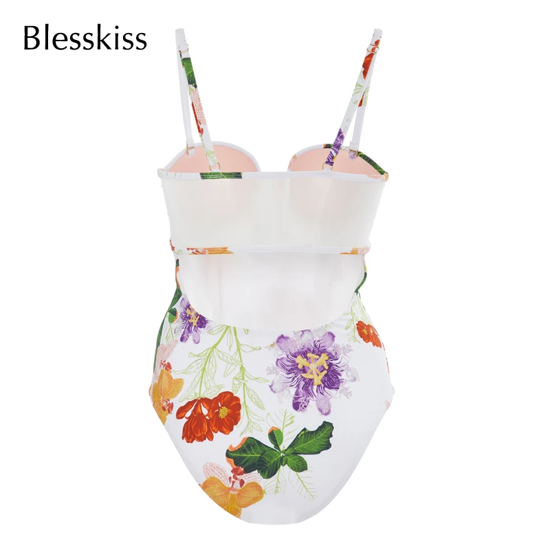 Blesskiss Sexy One Piece Swimsuit Push Up Women 2021 Hot Back Mesh Printed Floral Swimwear For Ladies Swimming Suit Bathing Wear