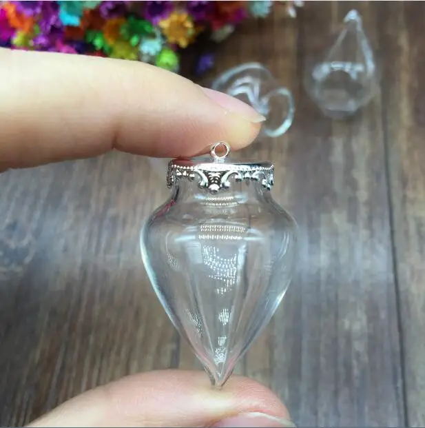 1set 38*15mm hollow water drop glass with 15mm crown setting base set glass vials pendant glass bottle charms jewelry findings