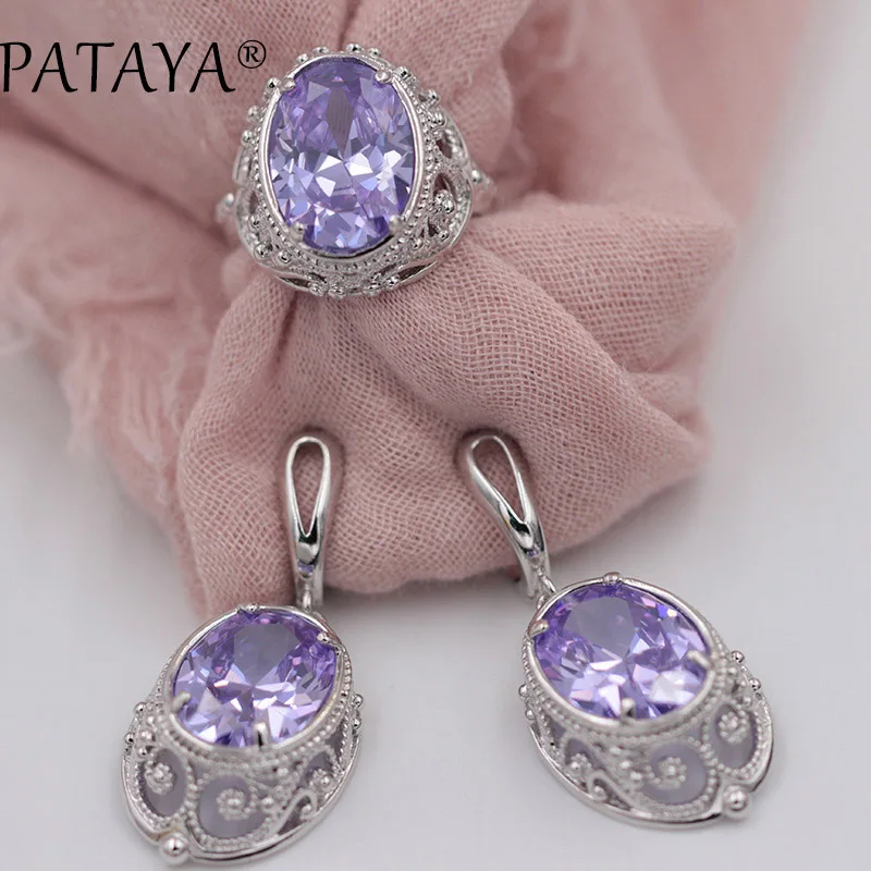 PATAYA Women Wedding True White Gold Color Jewelry Set Green Big Natural Zirconia Hollow Earrings Ring Sets Trendy India Jewelry