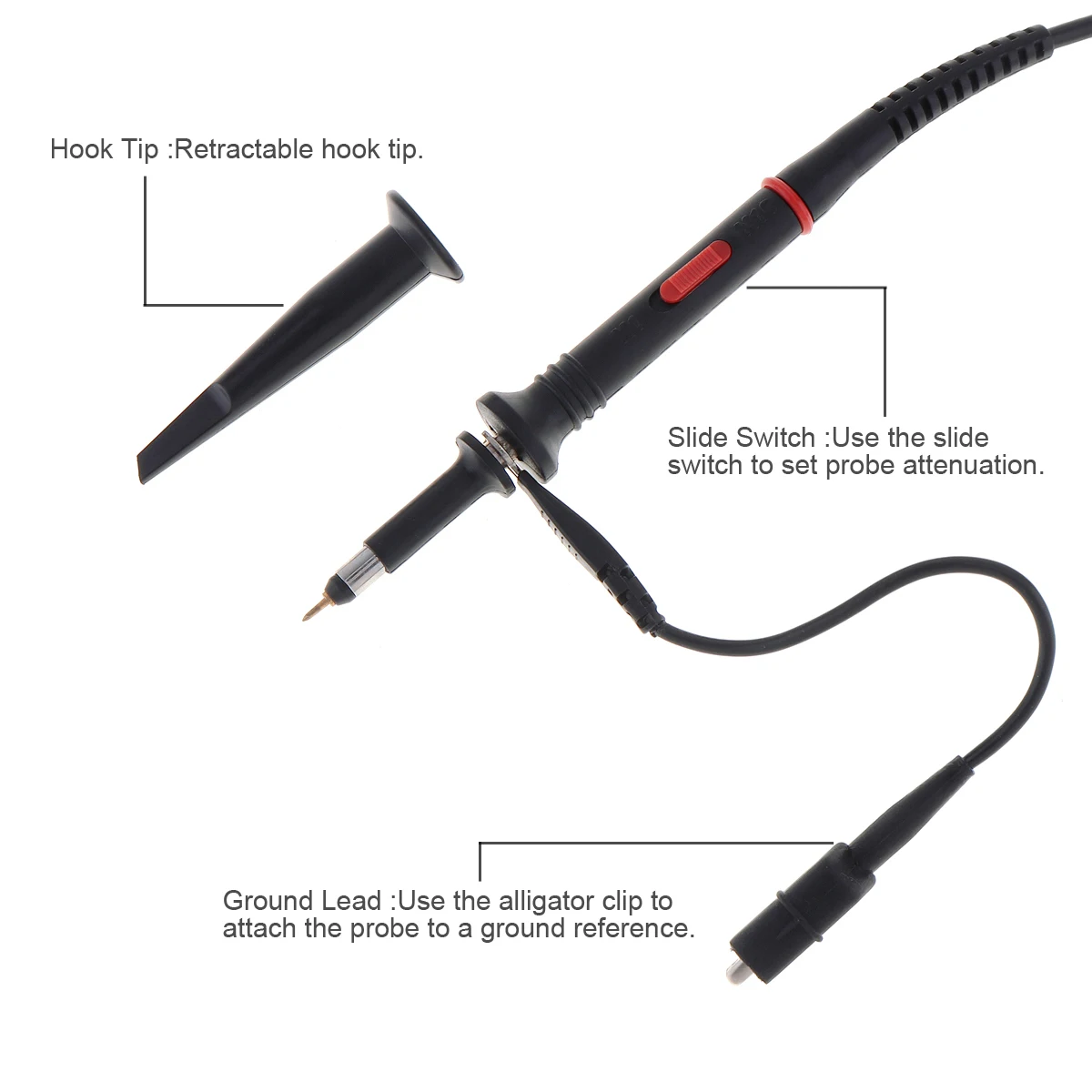 P6200 High Voltage Oscilloscope Probe 200V - 600V/1X & 10X/200MHz Alligator Clip Test Probe for Electronic Measuring Instruments