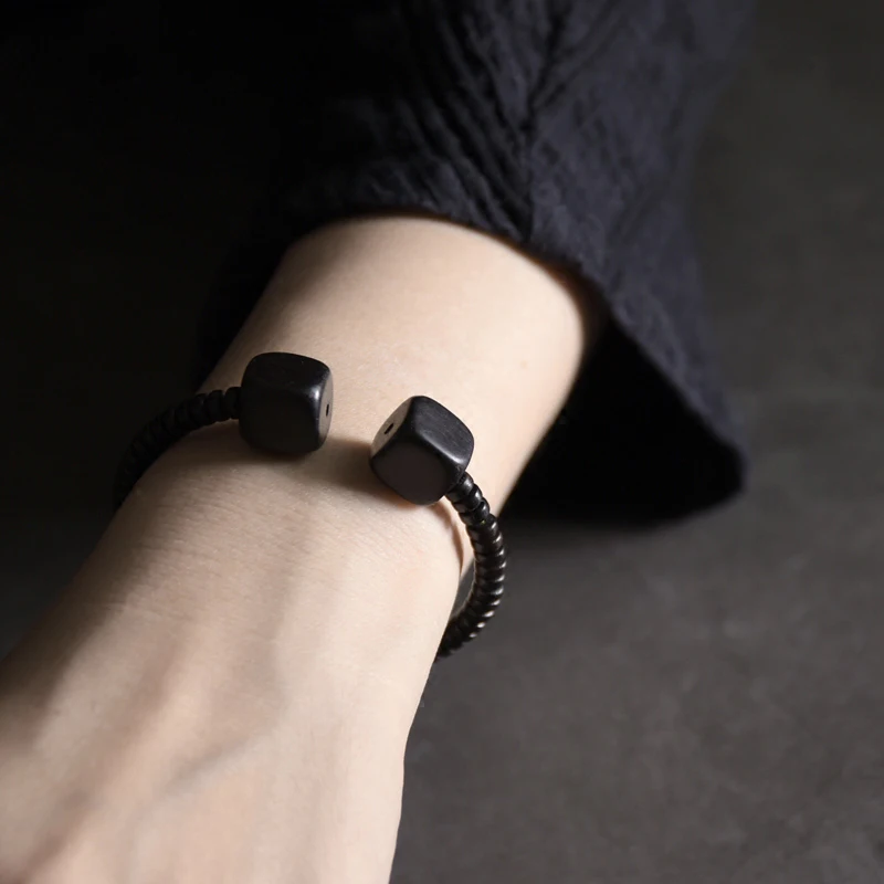 Ebony Black Wood Bracelet Cuff Bangle Simple Minimalist Open Size Adjustable Wrist Jewelry For Male Female Peace Health