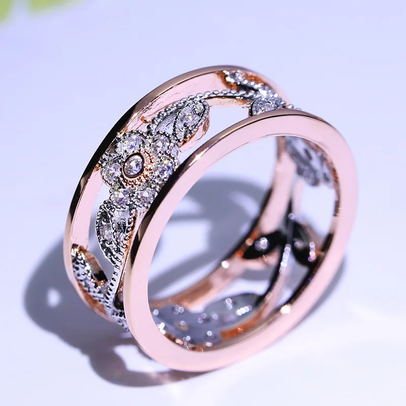 Flower Vine Leaves Ring Micro-inlaid AAA Zircon Double Layer Two-tone Ring Wedding Rings for Women Fashion Lucky Gift Jewelry