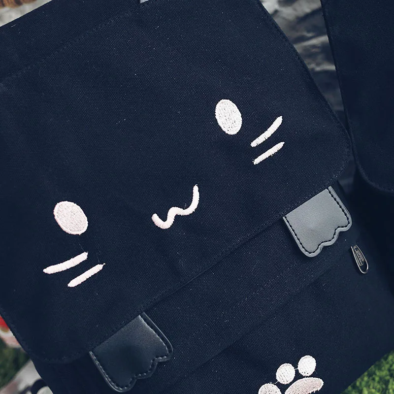 Embroidery Cute Cartoon Backpack Cat Ear Girl Schoolbag For Teenage Women Casual Black Canvas School Teen Backpack