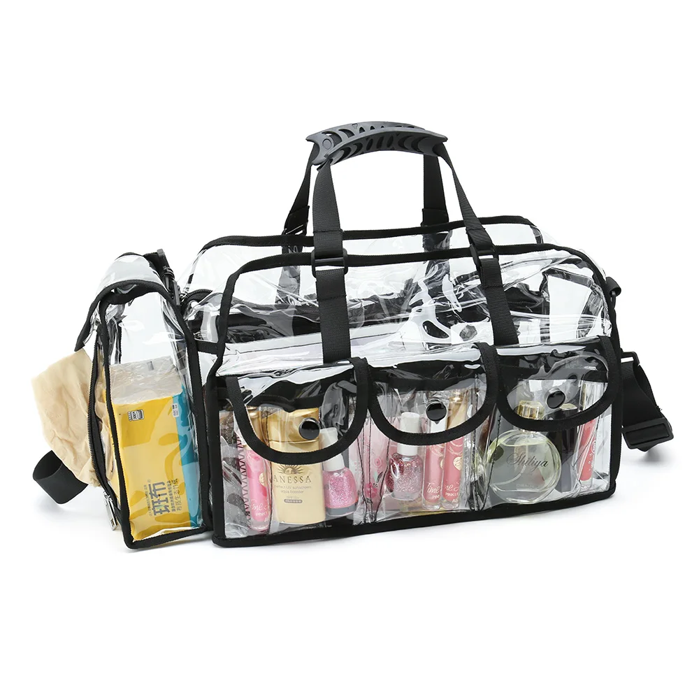 Professional Clear PVC cosmetic make up carry bag with 6 external pockets and detachable shoulder strap