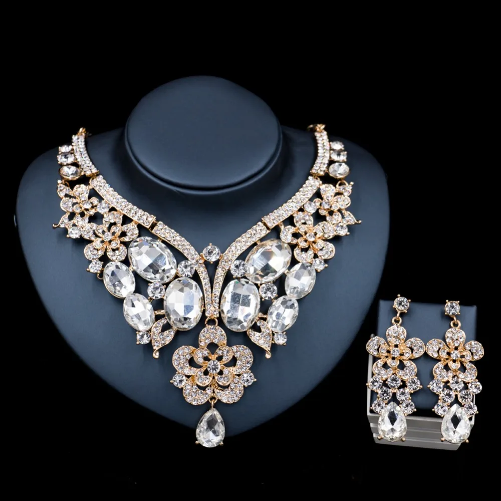 Lan palace  wedding jewelry sets Glass Rhinestone for bridal gold color necklace and earrings  six colors  free shipping