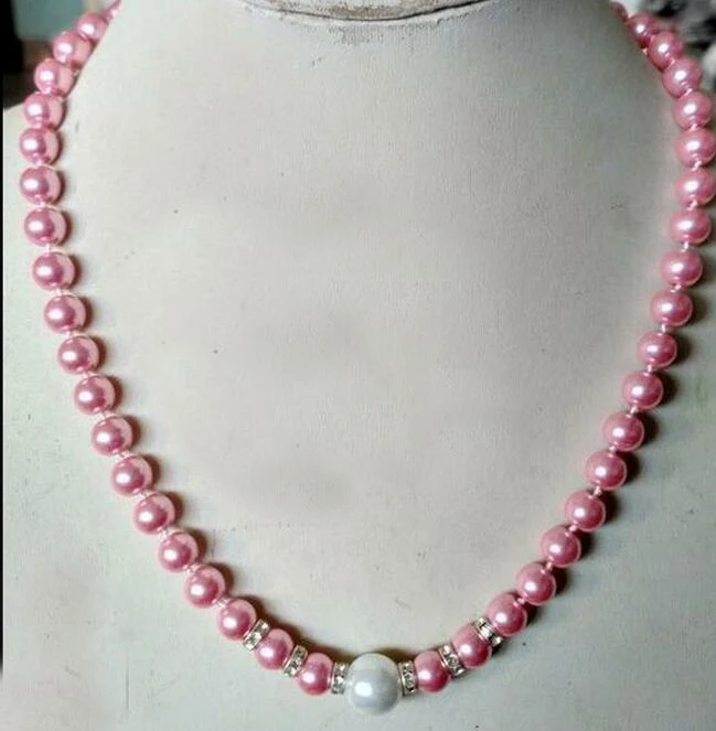 

classic jewelry 8mm pink 12mm white pendant Natural SOUTH SEA SHELL PEARL NECKLACE 18'' 45cm