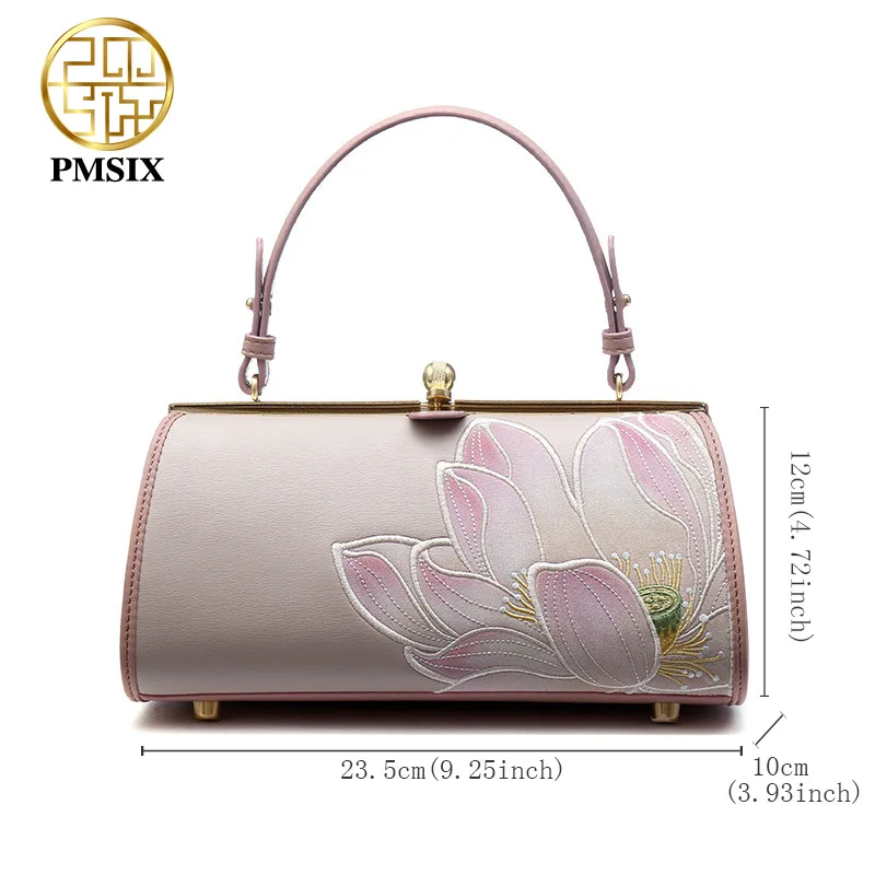 Pmsix Embroidery Lotus Leather Ladies Handbag Frame Designer Chain Shoulder Bag Mini Elegant Women Crossbody Bags 2021