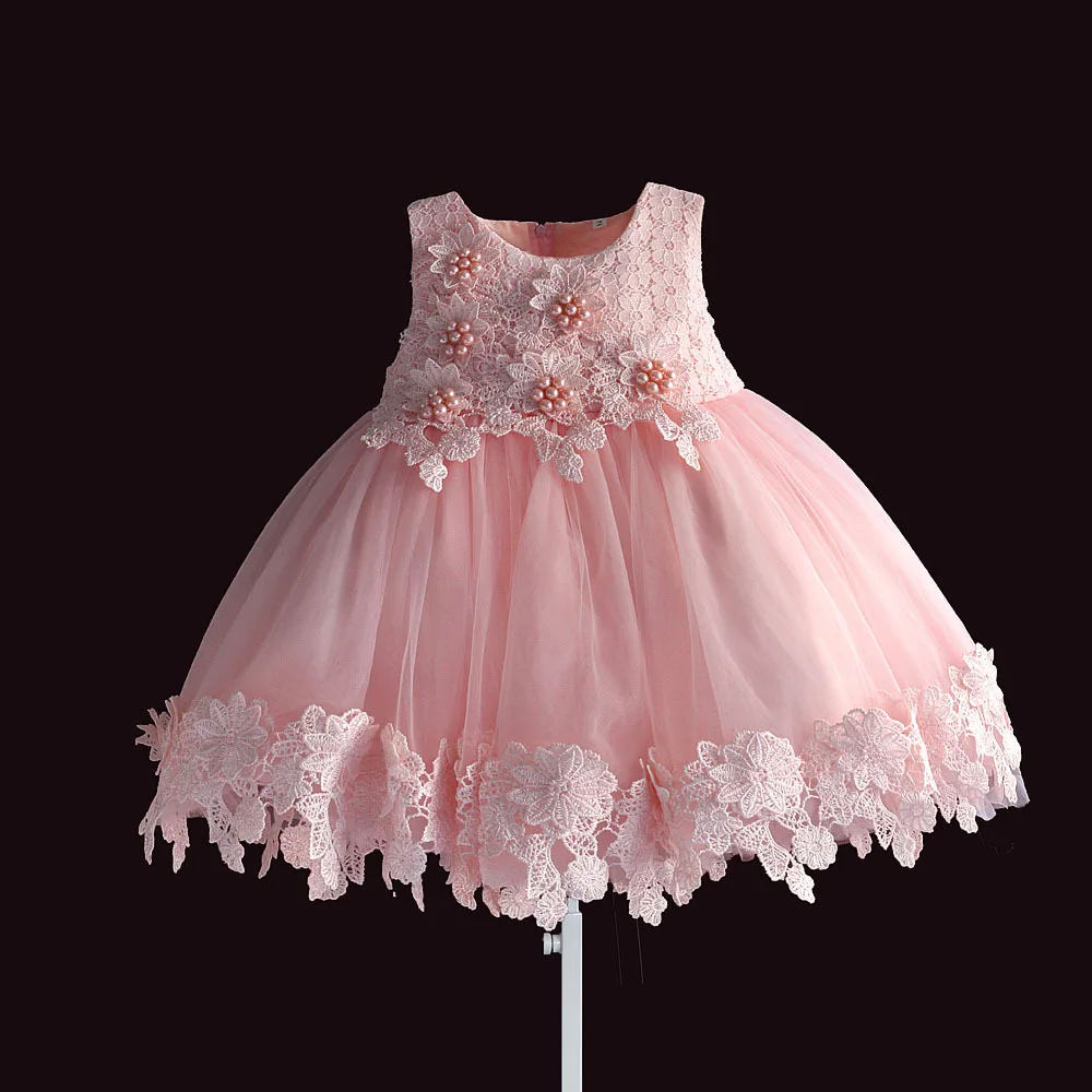 

new born baby girl dress pink lace baby wedding party ball gown pearl sleeveless girls christmas clothes vestido infantil 6M-4Y