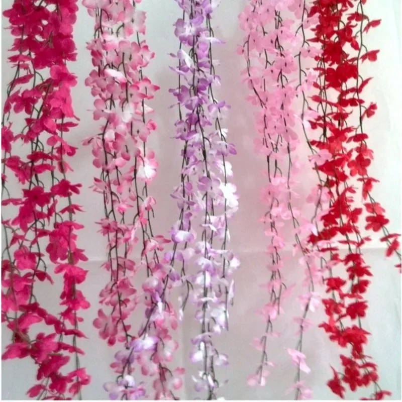 Elegant White Wisteria Vine Wall Hanging Rattan Silk Cherry Blossom Garland for Wedding Bar Decoration Free Shipping