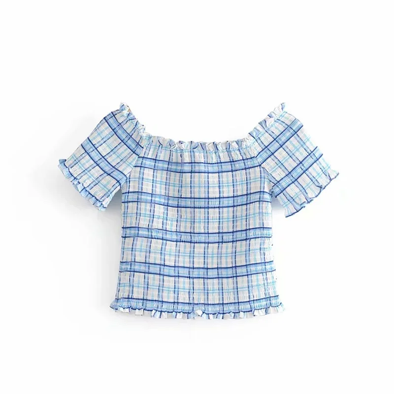 

Retro Plaid Short Top Women Elastic Pleat Slash Neck Slim Short Sleeve T-shirt Female Off Shoulder Casual Sweet T-shirts H9194