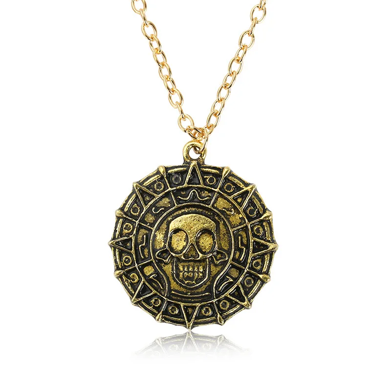 Round Pirate Coin Skull Medal Pendant Vintage Bronze Golden Retro Silver Plated Necklace for Men Women