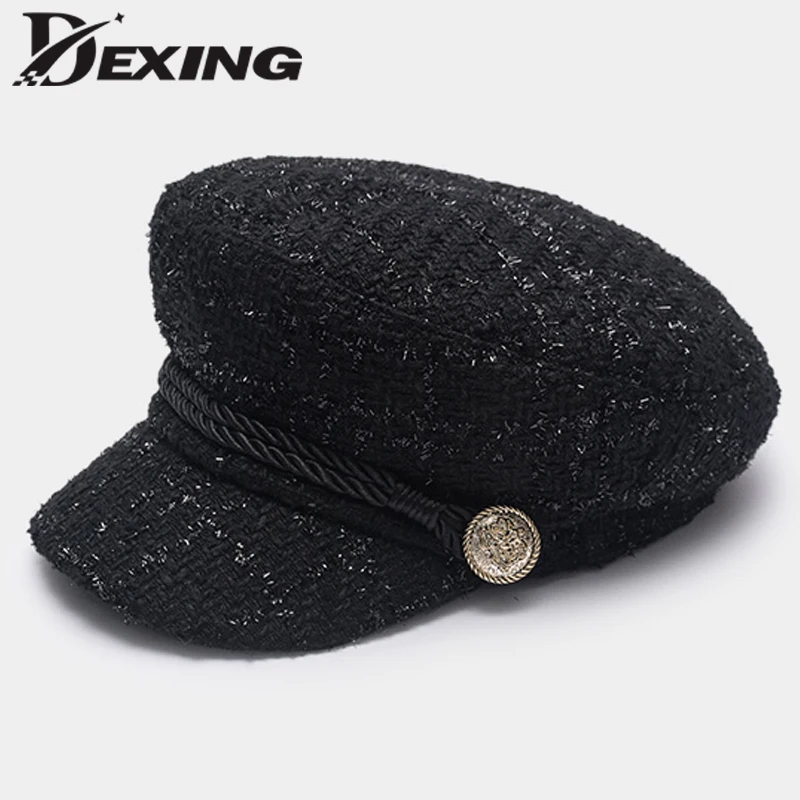 Women Hat Fashion Gold Thread Tweed Baseball Cap Ladies Military Hat Cool Sailor Hat Vintage Student Cap Beret