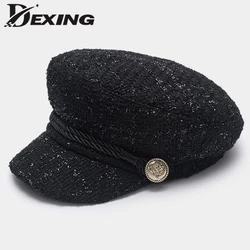 Women Hat  Fashion Gold Thread Tweed Baseball Cap  Ladies Military Hat  Cool Sailor Hat Vintage Student Cap Beret