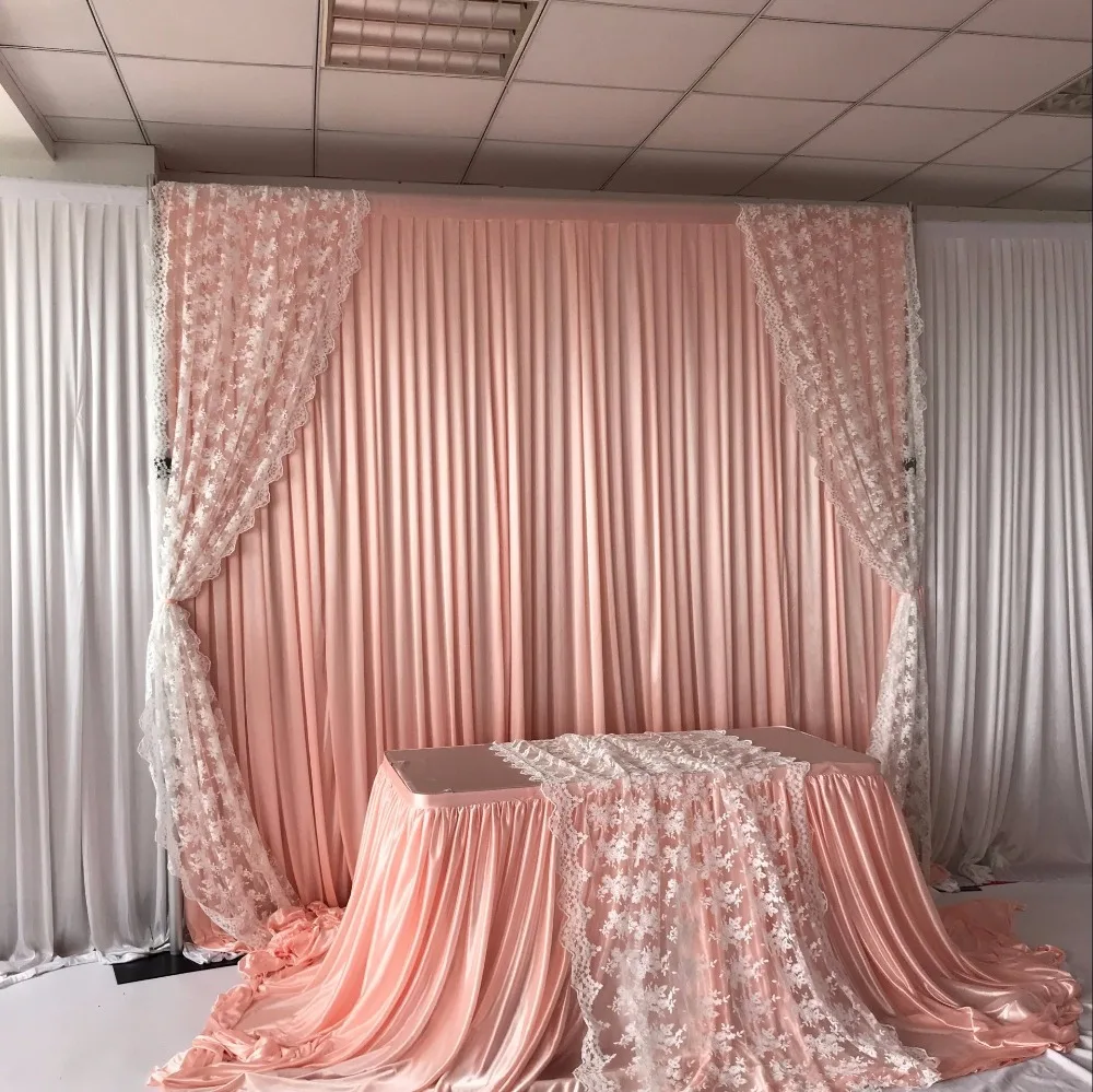 

3m X 3m Ice Silk Backdrop With Lace Swag for Wedding Decoration Backdrop & Table Skirt Set Wedding Drape Peach Wedding Backdrop