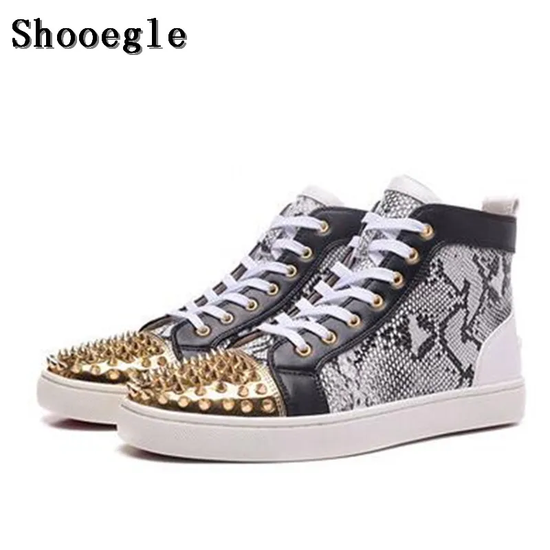 

SHOOEGLE High Quality Snakeskin Patchwork Rivets Men Shoes Studs Lace-up Sneakers Men Hightop Flat Casual Shoes Man EU39-47