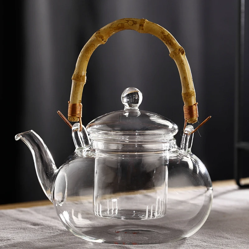 Glass 600ml bamboo joint lifting handle teapot with infuser glass pot