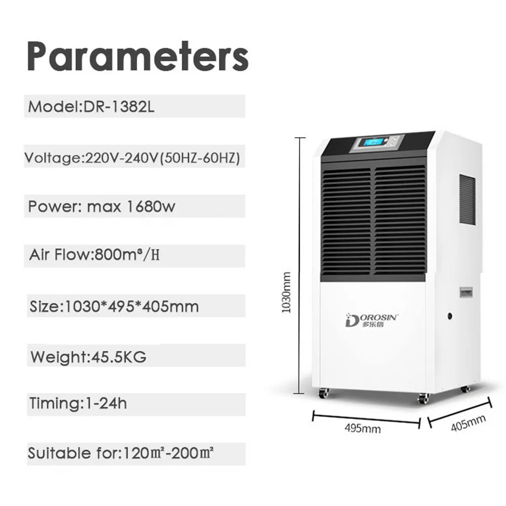 138L/Day deumidificatore d\'aria di grande Volume essiccatore d\'aria industriale per seminterrato di fabbrica 220V-240V 1680W Display LCD