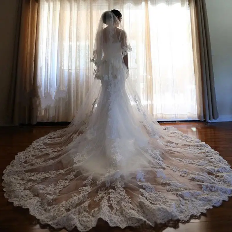 Voile de mariage pour la chapelle, 3M, 2l, avec appliques en dentelle, blanc, ivoire, peigne libre, accessoires de mariée