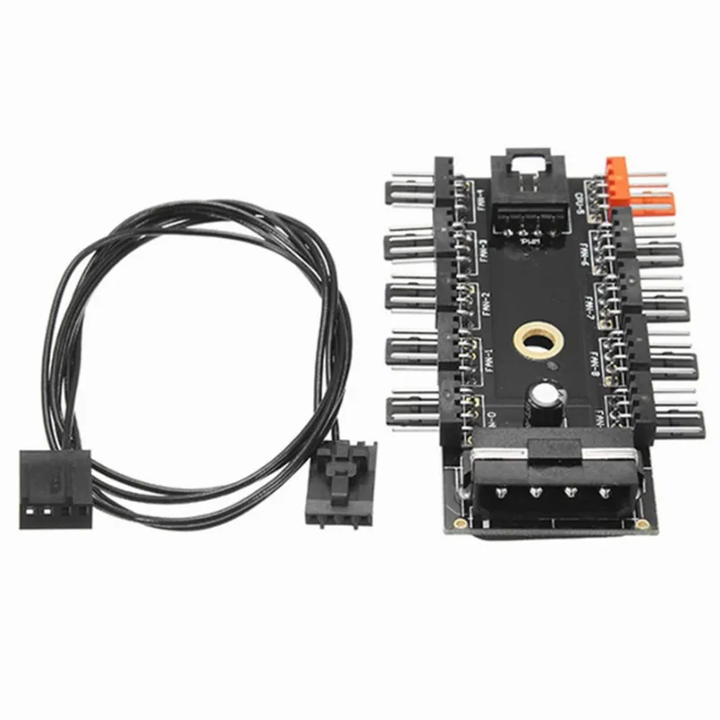 2 Sets One-to-Ten D Type to 10x4P Fan Hub 1-to-10 Channel Hub of 4Pin Chassis Fan with Black PWM Cable Support 10 Road 4 Pin