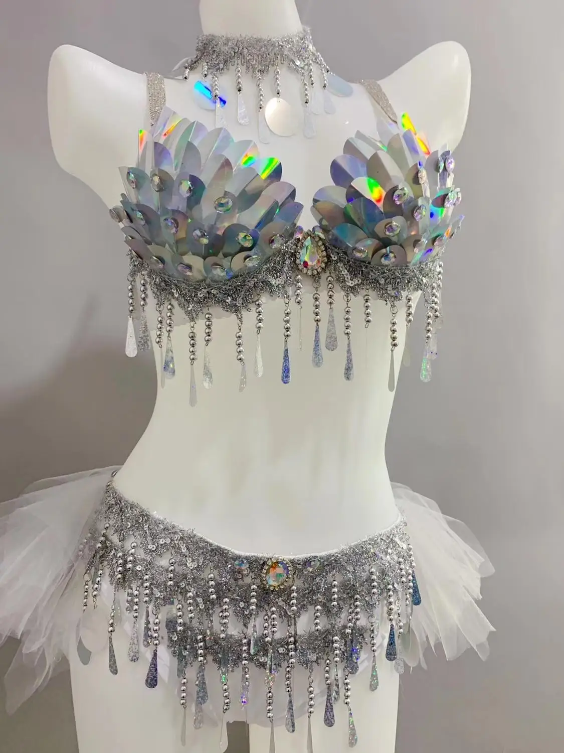 Belly Dance Set Dancer Competition Stage Performance Silver Scale Sequins Bikini Rave Outfit Nightclub Bar Party Costume