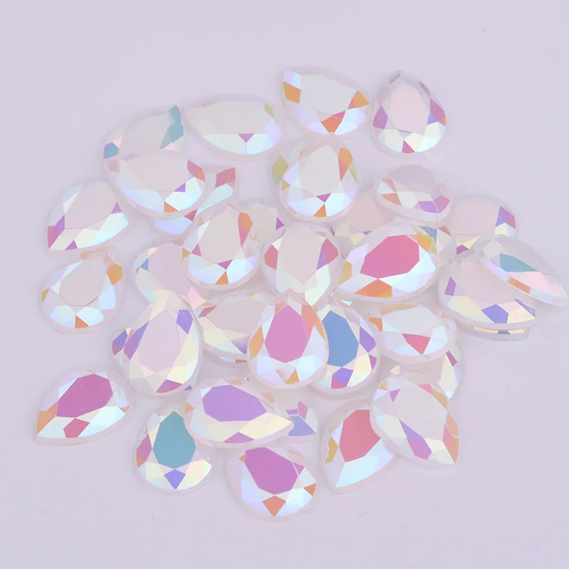 JUNAO 10*14mm Shiny Pink AB Teardrop Rhinestone Applique Flat Back Acrylic Strass Crystal Non Hotfix Stones for Dress Crafts