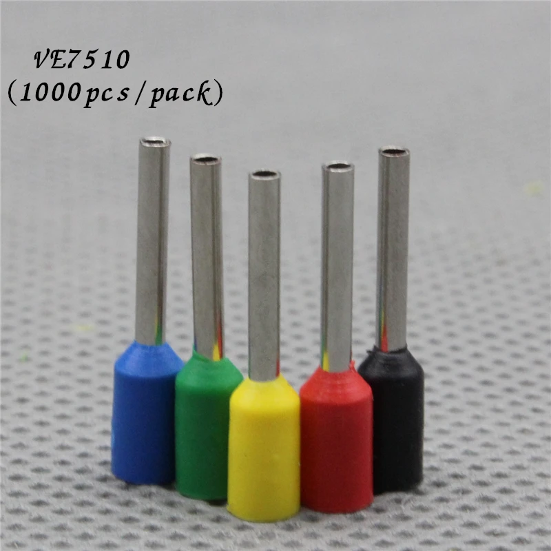 1000pcs/pack E7510 PVC Cord Insulated Terminals Bootlace Ferrules For 0.75mm2, 20 AWG Wire, 10mm of Pin Length Brass tubes