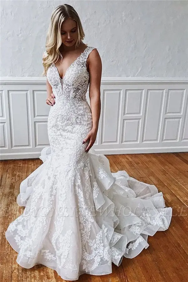 Robe de mariee Romantische Rüschen Zug Meerjungfrau Spitze Brautkleider 2019 Tiefem V-ausschnitt Sexy Backless Braut Kleid Hochzeit Kleider