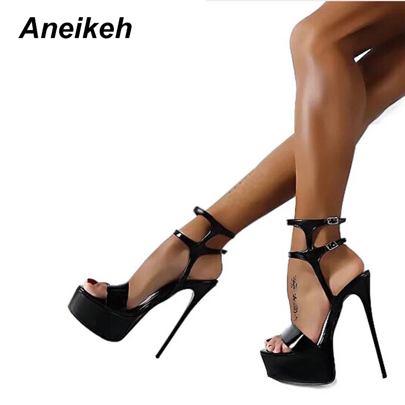 Aneikeh New 2024 Summer Fashion Sandals Sexy Open Toe 16CM High Heels Party Dress Wedding Nightclub Women Shoes Black Red 45 46