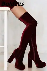 Stylish velvet chunky high heel boots new arrivals