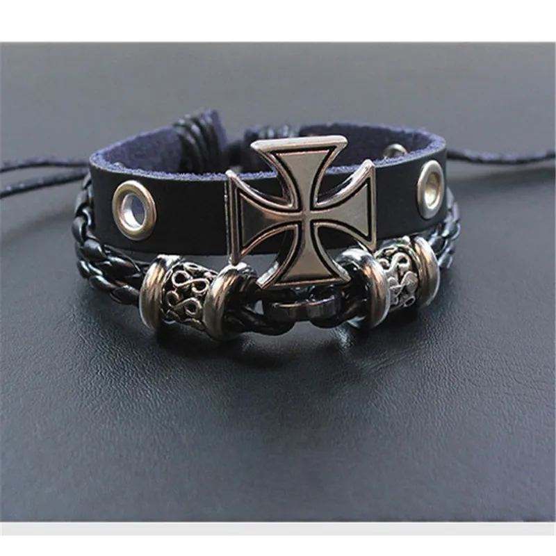 Cool Black German Reich Prussia Iron Cross Bracelet Alloy Cloth Fabric Christ Cross Warp Bracelet for Men Jewelry Gift Accessory