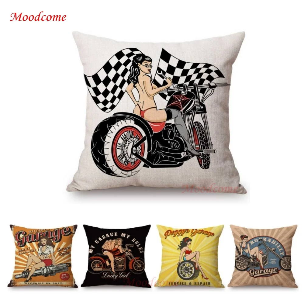 Sexy Motorcycle Car Race Girl Garage Repair Store Poster Art Home Decor Throw Pillow Case Linen Vintage Sofa Cushion Cover Case