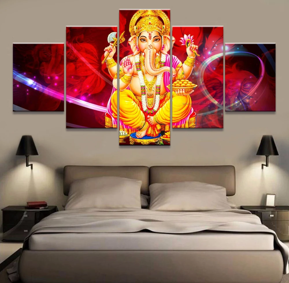 Pictures 5 panels Ganesha Ganesh Lord India Lord God Poster Wall Art Modular Paintings Wall Pictures Living Room Canvas Painting