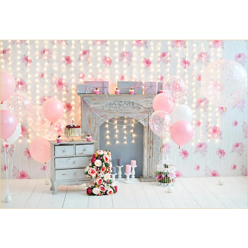 

Baby Girl's 1st Birthday Backdrop Printed Dessert Table Pink Balloons Glitters Kids Children Party Themed Photo Booth Background