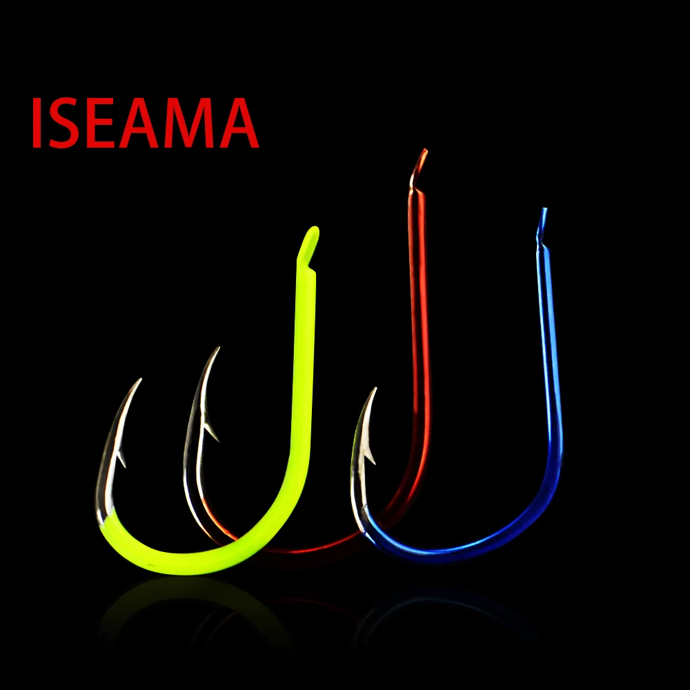 FISH KING 30-50pcs High Carbon Steel ISEAMA Barbed Luminous Fishing Hook 4-13# Black Nickel Red Single Carp Fishing Hook