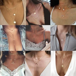 Multilayer Heart Star Moon Coin Bar Choker Necklace Set Pendant for Women Multi Chain love Bohemian on Neck Jewelry