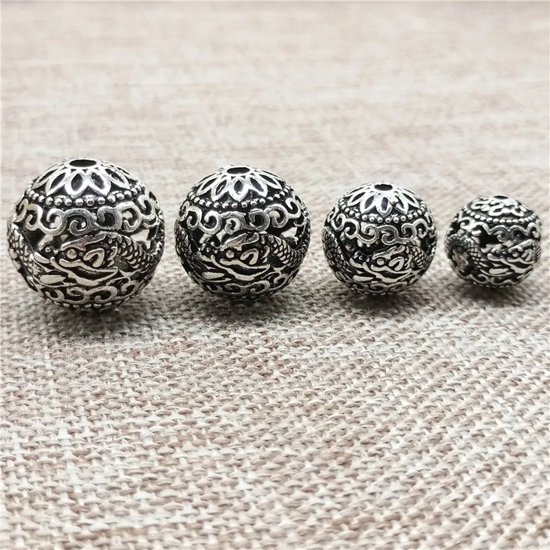 Srebrny okrągły koralik w kształcie smoka 8 mm 10 mm 13,5 mm 15,5 mm do bransoletki i naszyjnika