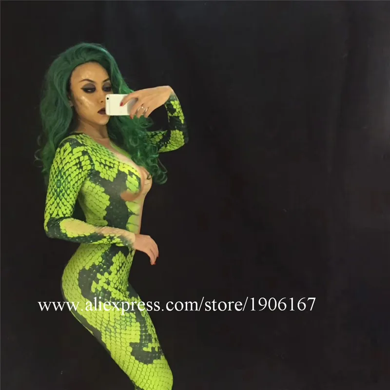 Halloween Green Snake Jumpsuit Halloween 3D Cosplay Role Costume Women Sexy Lady Nightclub Party Dress Dance Bodysuit Clothes