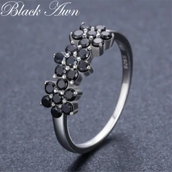 Black Awn 2025 New Cute Silver Color fashion jewelry Flower Bague Black Spinel Wedding Rings for Women Girl Party Gift C463