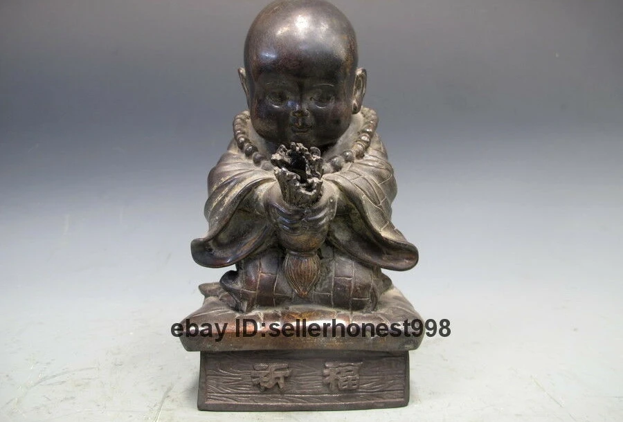 Tibet Buddhism Little Monk Pray Bless Pray Boy old Pure Bronze Buddha Statue