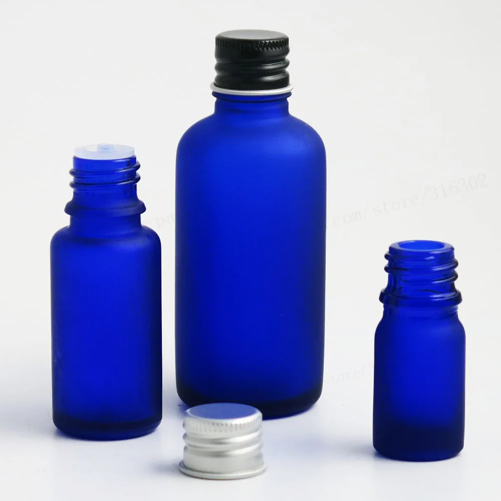 200 x Frost Blauen Glas Ätherisches Öl Behälter Mit Silber Schwarz Aluminium Kappe mit einsatz 100 ml 50ml30ml 20 ml 15 ml 10 ml 5 ml