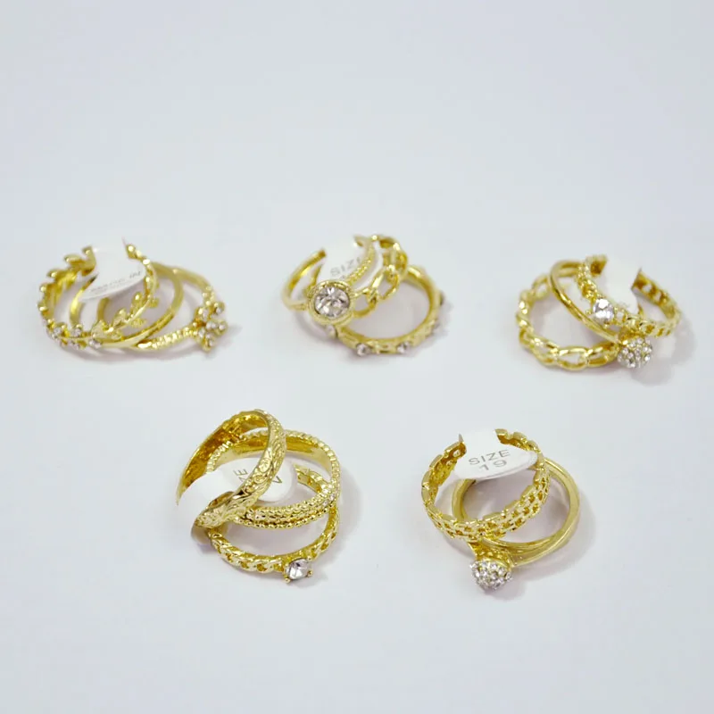 15 Pcs 5 Sets New 3 in 1 Zircon GoldPlated Women Rings Sets For Women Female Wholesale Jewelry Bulks Lot LR4038