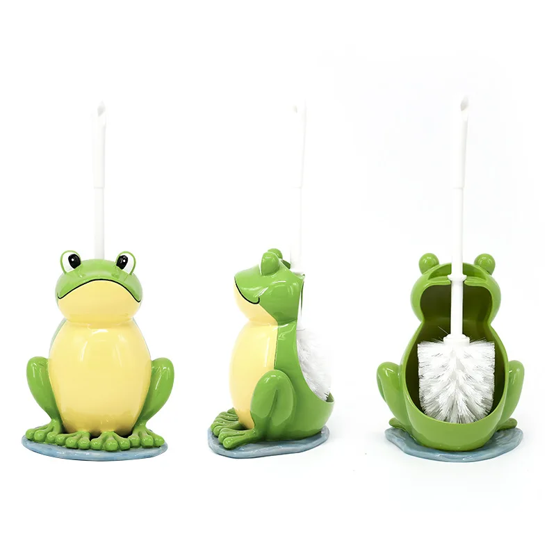 Creative Cartoon Sitting Frog Toilet Brush Holder Set Resin Base Home Hotel Bathroom Cleaning Tool Decoration Statue