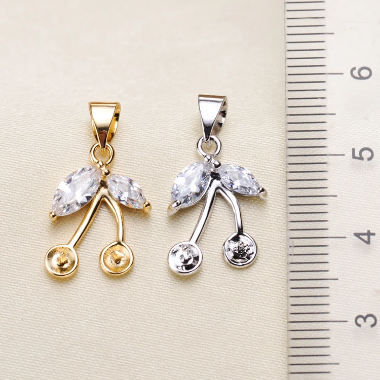 Lovely Cherry Design Pearl Pendant Jewelry Findings S925 Sterling Silver Cherry With Rhinestones Silver&Gold Colors 3Pcs/Lot