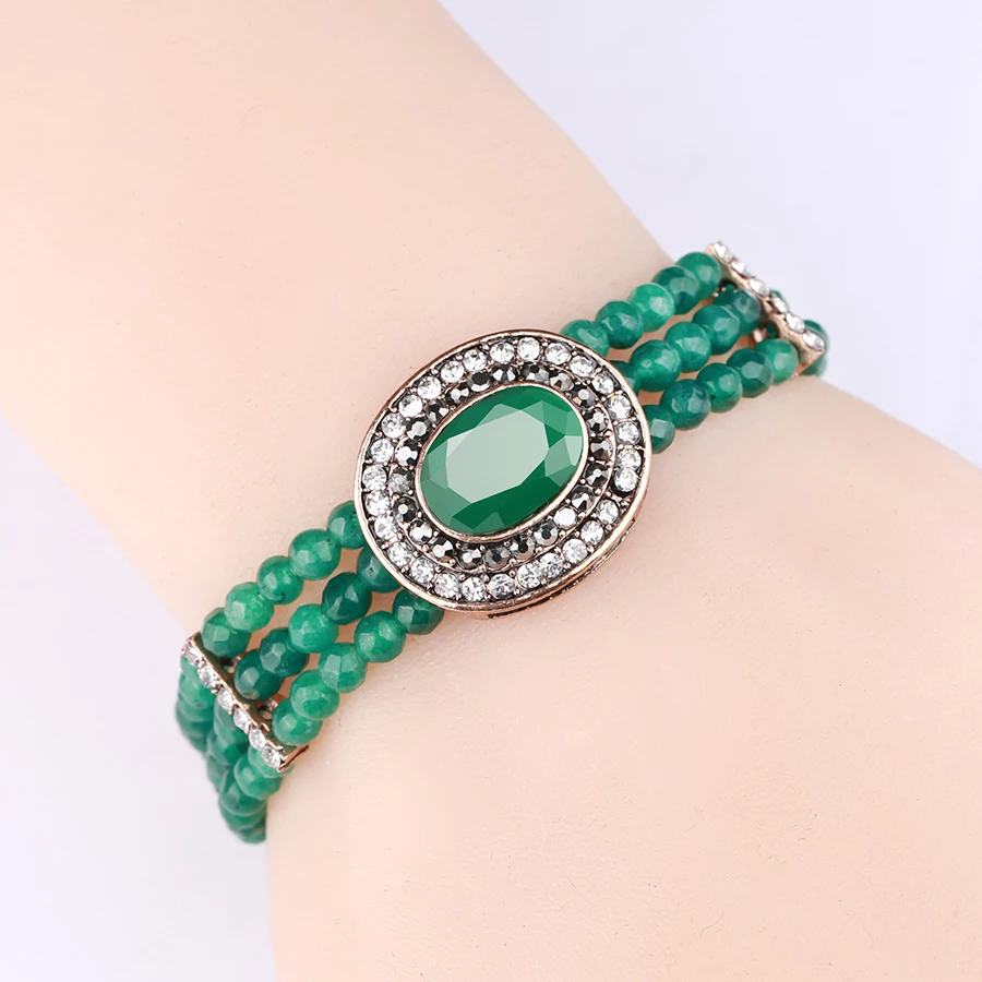 Wbmqda Luxury Green Natural Stone Bracelet For Women Antique Gold Crystal Hand Made Turkish Wedding Jewelry